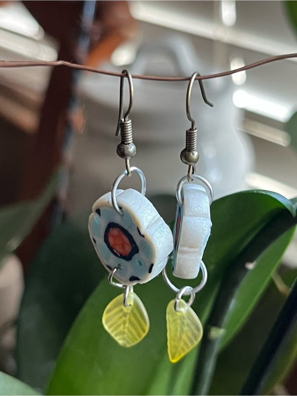 Handmade  polymer clay Floral White and Yellow Dangle Earrings